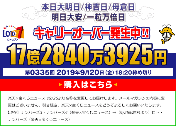 本日大明日/神吉日/母倉日 明日大安/一粒万倍日 キャリーオーバー発生中！17億2840万3925円 第0335回 2019年09月20日(金)18:20締切! 楽天×宝くじニュースは9/26より名称を変更してお届けします。メールマガジンの内容に変更はございません。引き続き、楽天×宝くじニュースをどうぞよろしくお願いいたします。【現在】ナンバーズ3・ナンバーズ4（楽天×宝くじニュース）→【9/26配信号より】ロト・ナンバーズ（楽天×宝くじニュース）