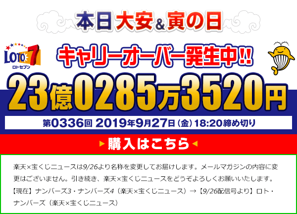 本日大安＆寅の日 キャリーオーバー発生中！23億0285万3520円 第0336回 2019年09月27日(金)18:20締切! 楽天×宝くじニュースは9/26より名称を変更してお届けします。メールマガジンの内容に変更はございません。引き続き、楽天×宝くじニュースをどうぞよろしくお願いいたします。【現在】ナンバーズ3・ナンバーズ4（楽天×宝くじニュース）→【9/26配信号より】ロト・ナンバーズ（楽天×宝くじニュース）